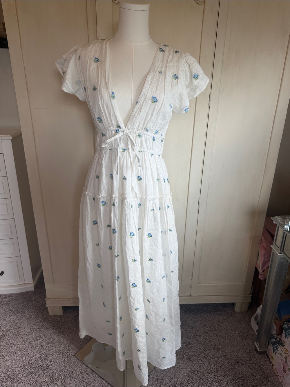 White Floral Cotton Maxi Dress with Blue Embroidery